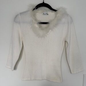 Rave City Vintage White Fuzzy Trim Sweater - Size S